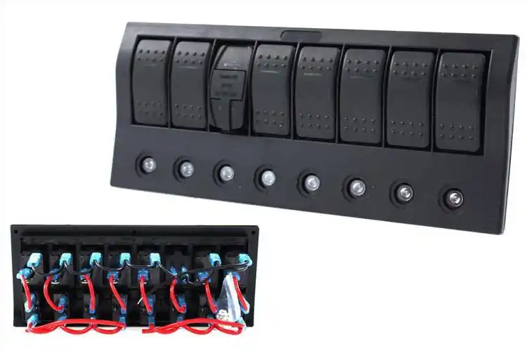 Prosto od producenta - Przełącznik 12/24V ON-OFFx5, 1xZ, 2xUSB 3,1A ,1xLED volt, 3xB 15A IP68 Niebieski