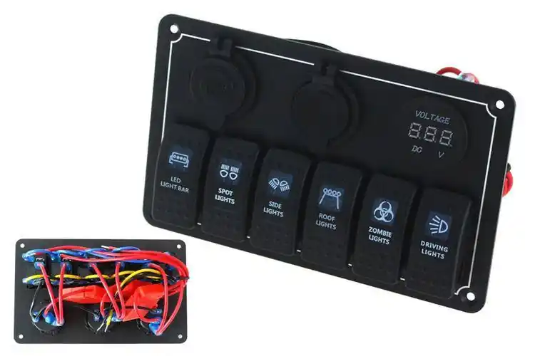 Switch 12/24V ON-OFFx6, 1xZ, 2xUSB 3.1A, 1 LED volt, 3xB 15A IP68 Blue | Mega okazja